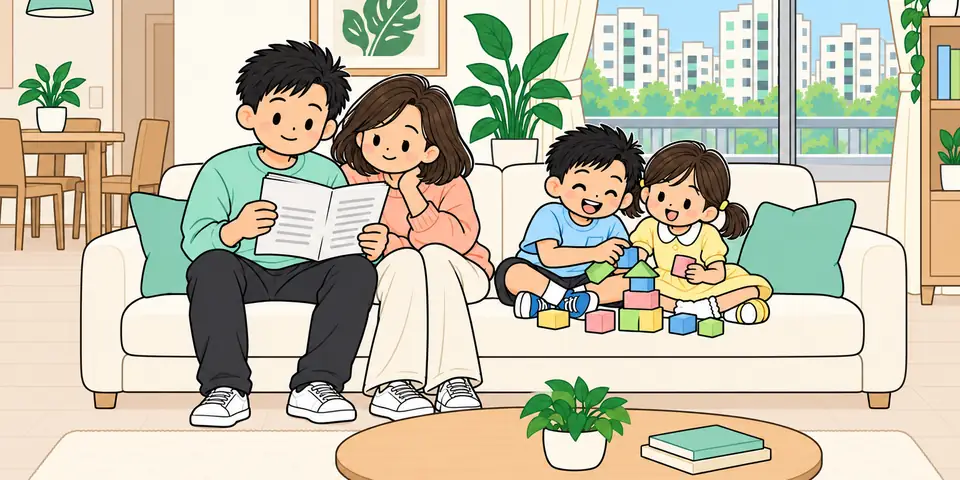The family on the sofa while Yang reads a policy.