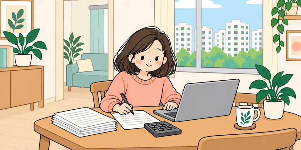 Jing working through her tax papers at home.