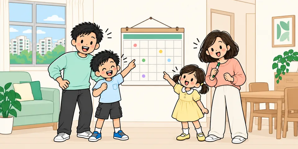 The family planning the year on a wall calendar.