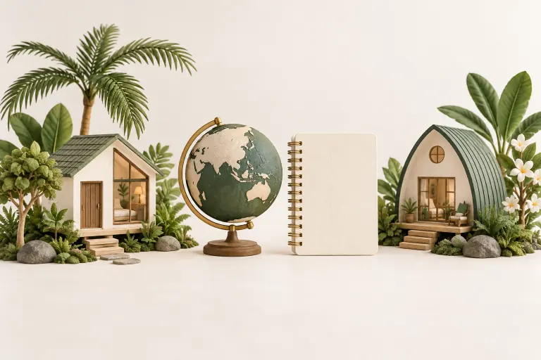 Illustration of two homes beside a globe and notebook