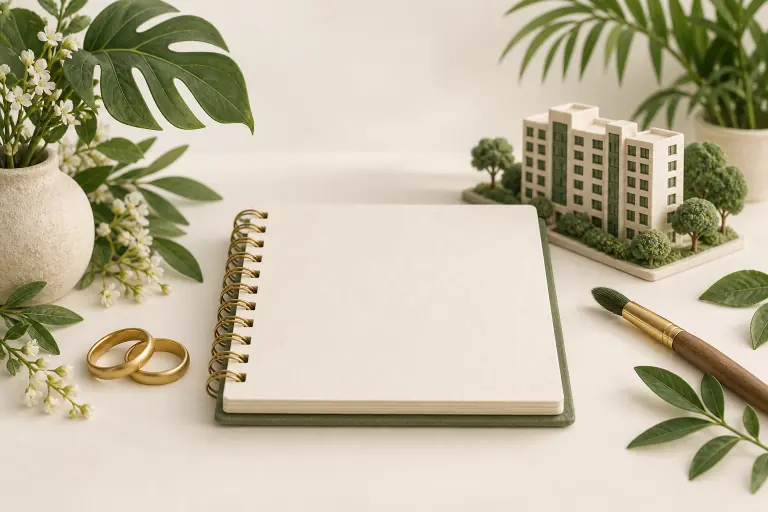 Illustration of wedding rings, a paintbrush, a flat and budget notebook