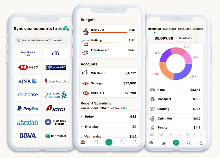 An overview of Wally's interface and features including banks, spending categories and charts